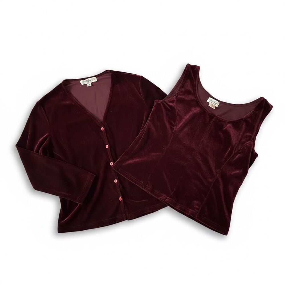 Vintage Eggplant Burgundy Velvet Twin Set | Cardigan + Sleeveless Shell Top | Sm